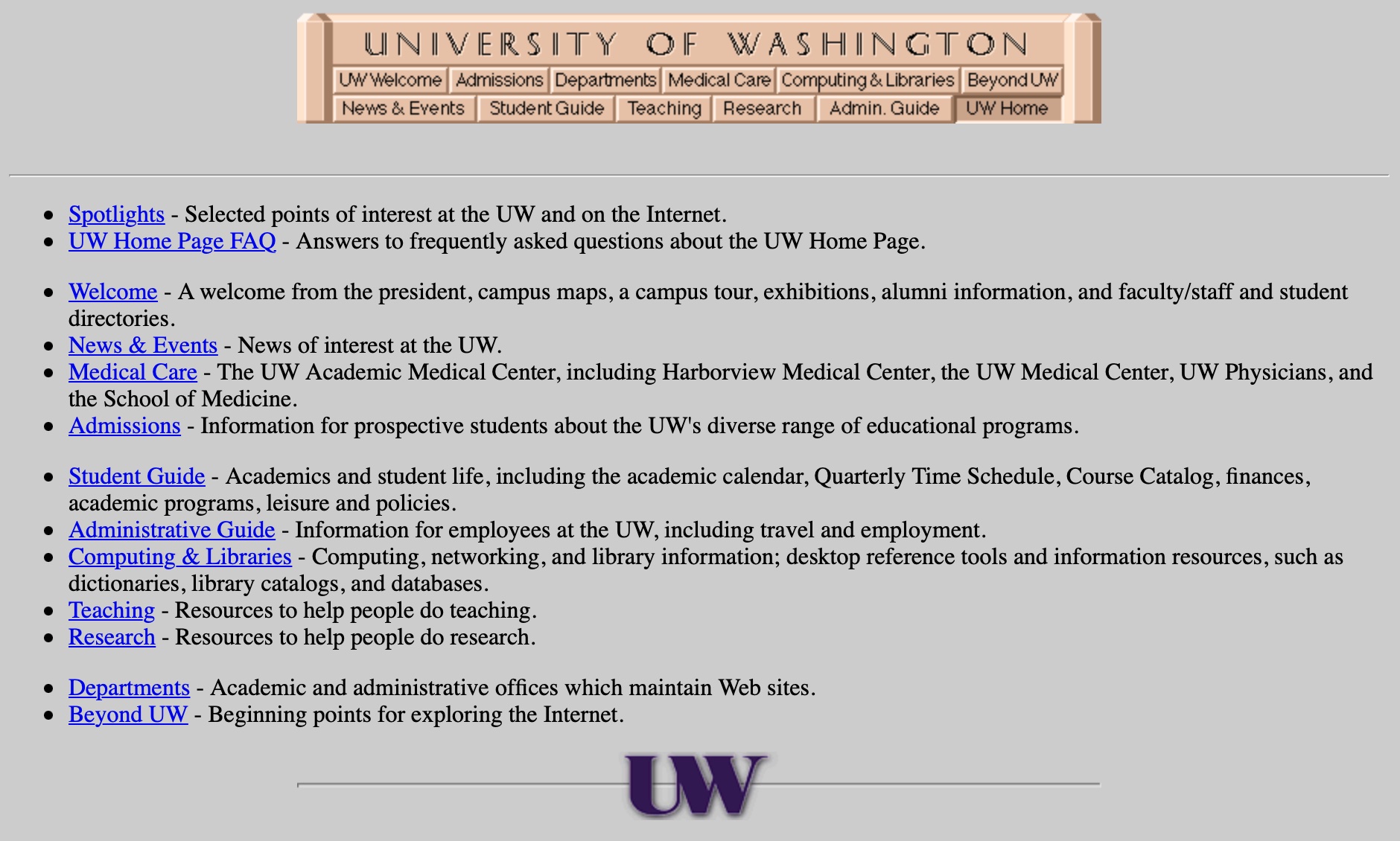 University of Washington Home Page in 1997